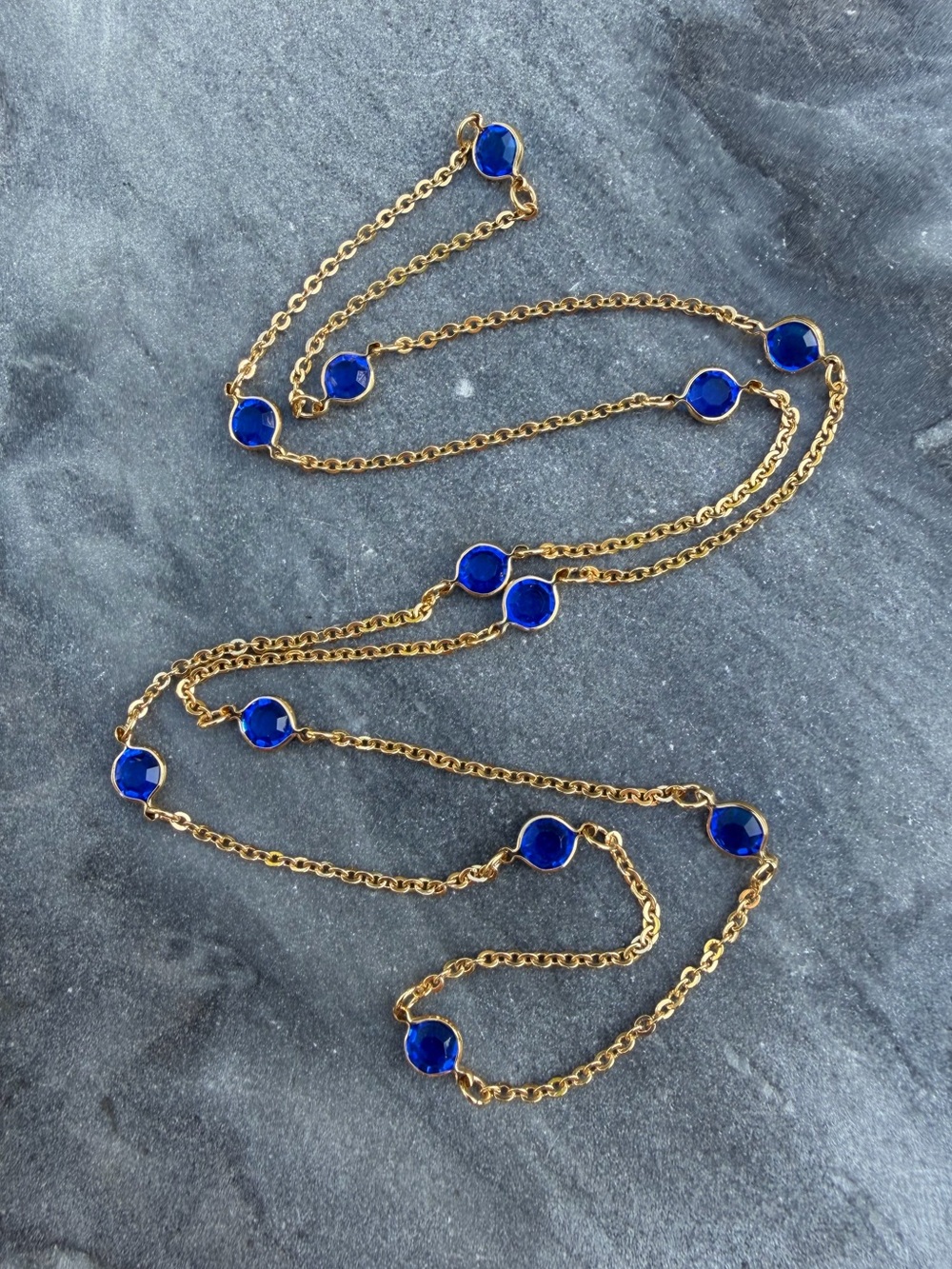 Vintage Gold Chain Royal Blue Bezel Set Long Crystal Necklace